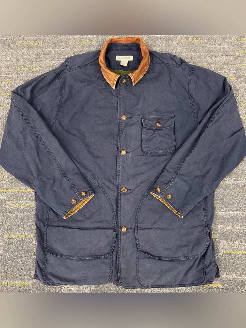 Vintage Banana Republic Barn Chore Field Jacket M Leather Collar Corduroy Cuffs